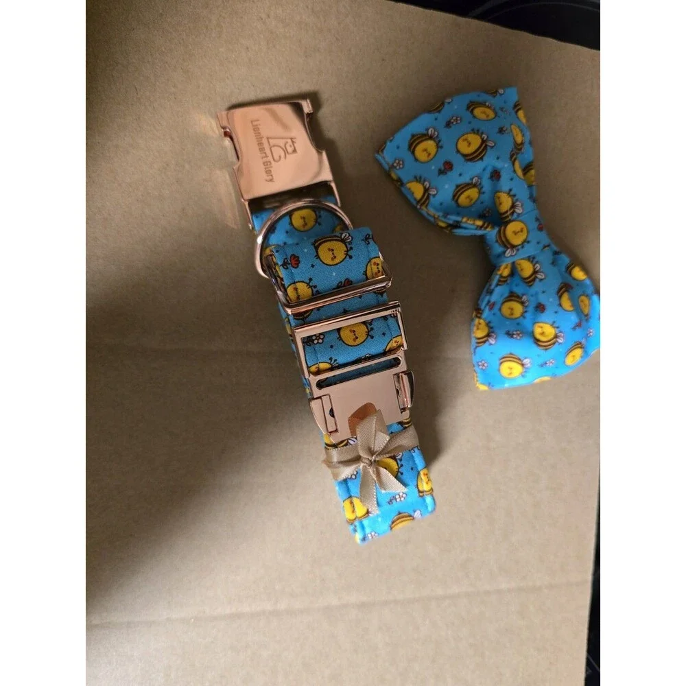 Lionheart Glory Bee Print Dog Collar Large w/ Removable Bow Tie Adjustable